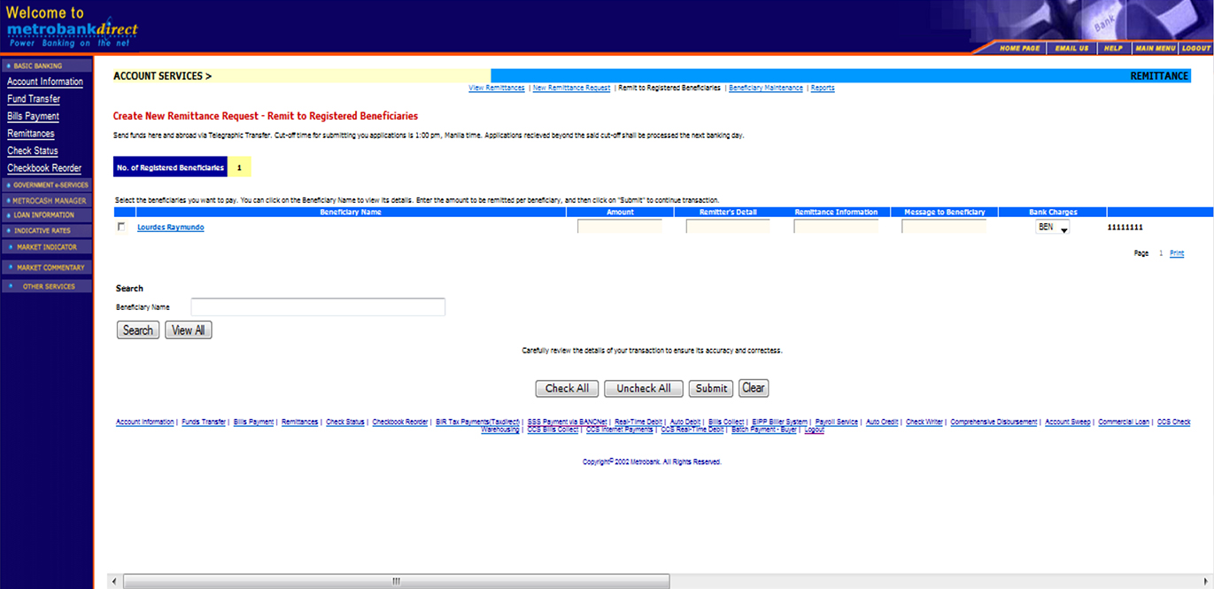 Remit to Registered Beneficiaries screen