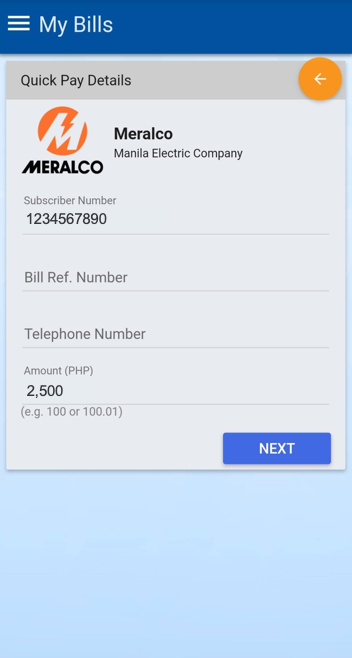 Metrobank Mobile bills payment screen