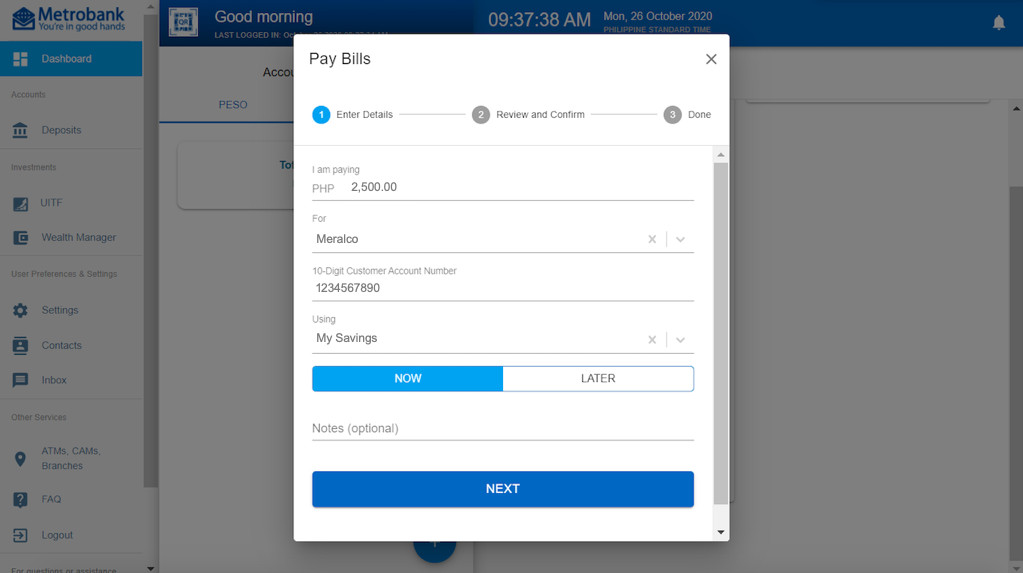 Metrobank Online bill payment screen